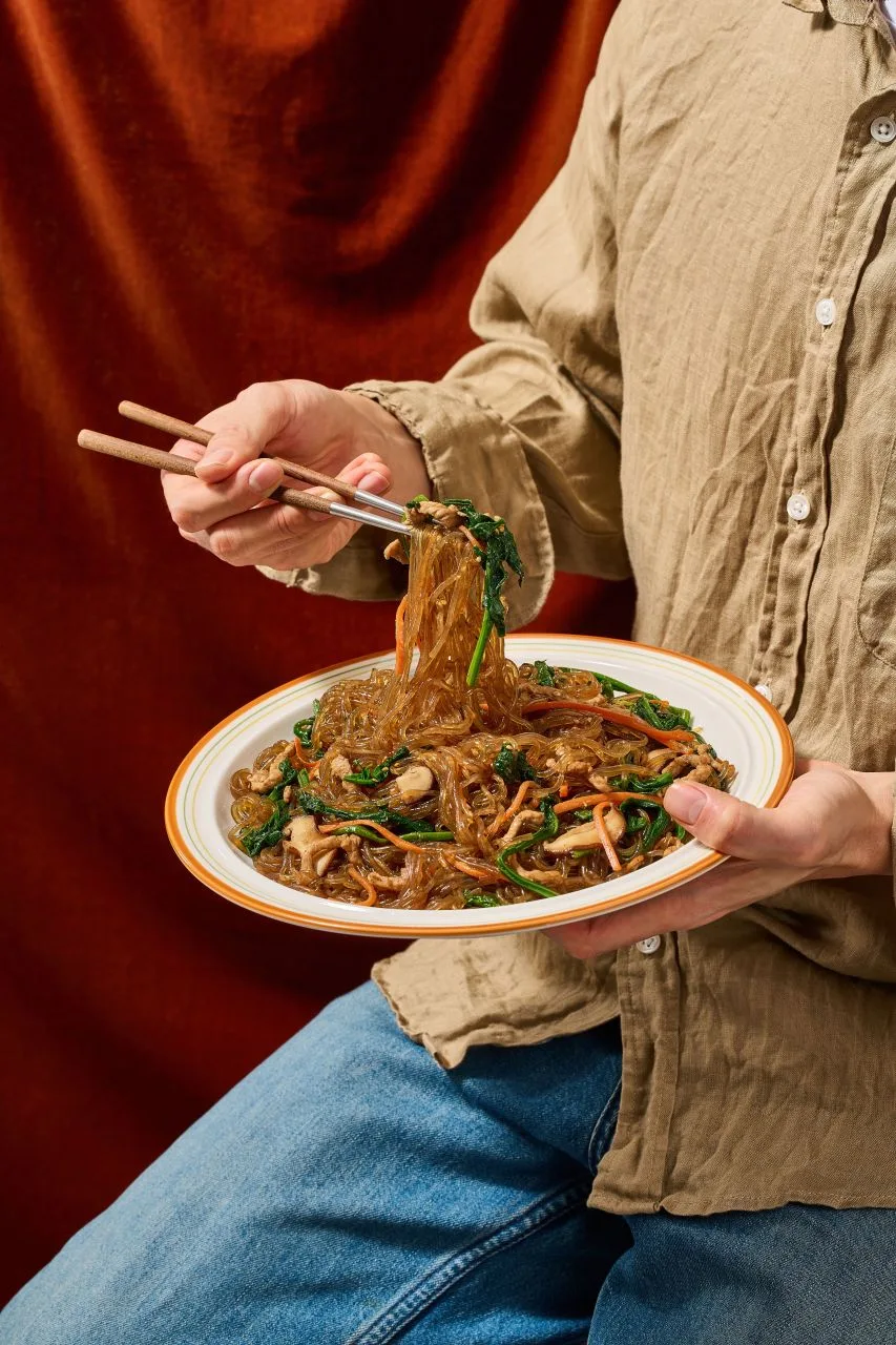 Cooking ground beef japchae