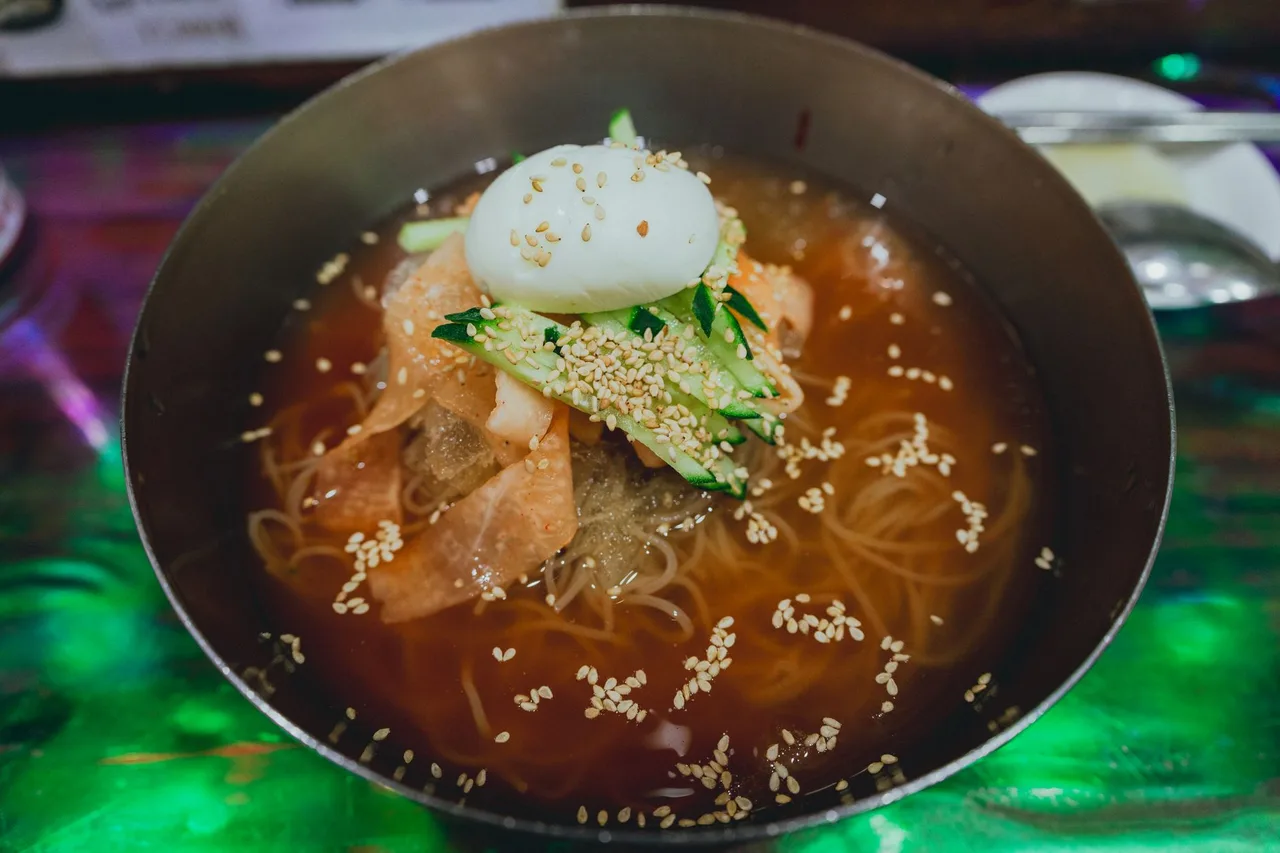 Mul-naengmyeon Korean cold noodles in chilled broth
