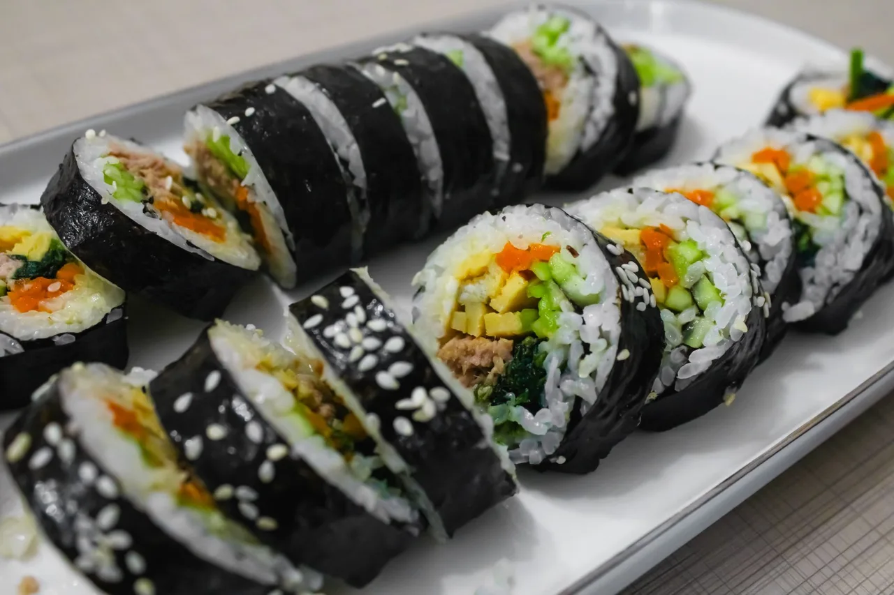 Sliced Korean gimbap rice rolls on a plate
