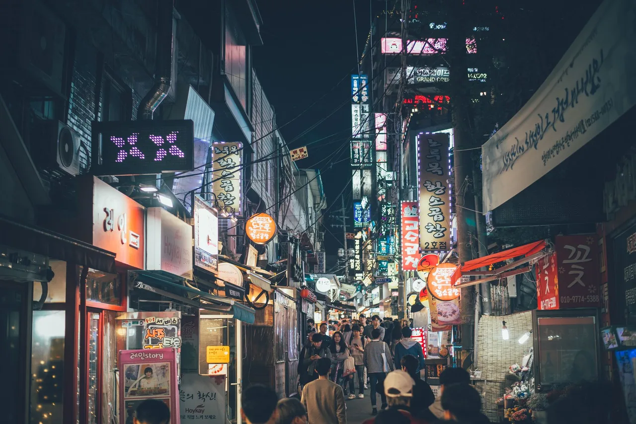 Shoppers on a busy Myeongdong street